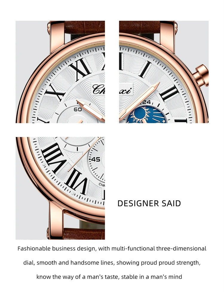 CHENXI 923 Men's Fashion Watch- Moon Phase, Roman Numeral Dial & Leather Strap