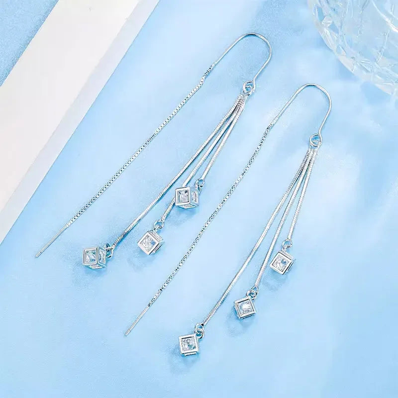 Crstal Zirconia Square Tassel Drop Earrings