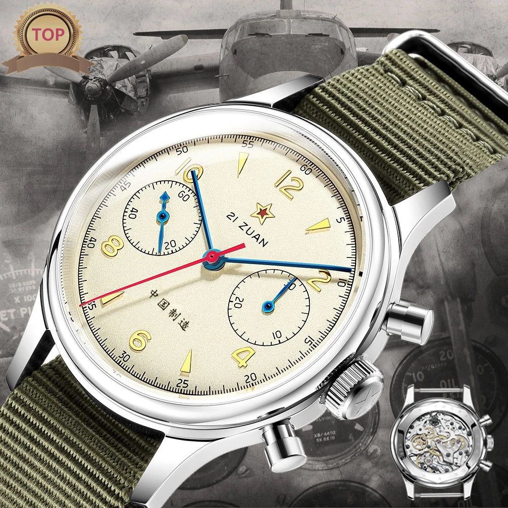 RED STAR  38mm 1963 Men's Chronograph Mechanical Watch - Pilot's Choice Aviation Timepieces.