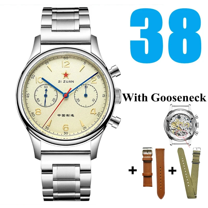 RED STAR  38mm 1963 Men's Chronograph Mechanical Watch - Pilot's Choice Aviation Timepieces.