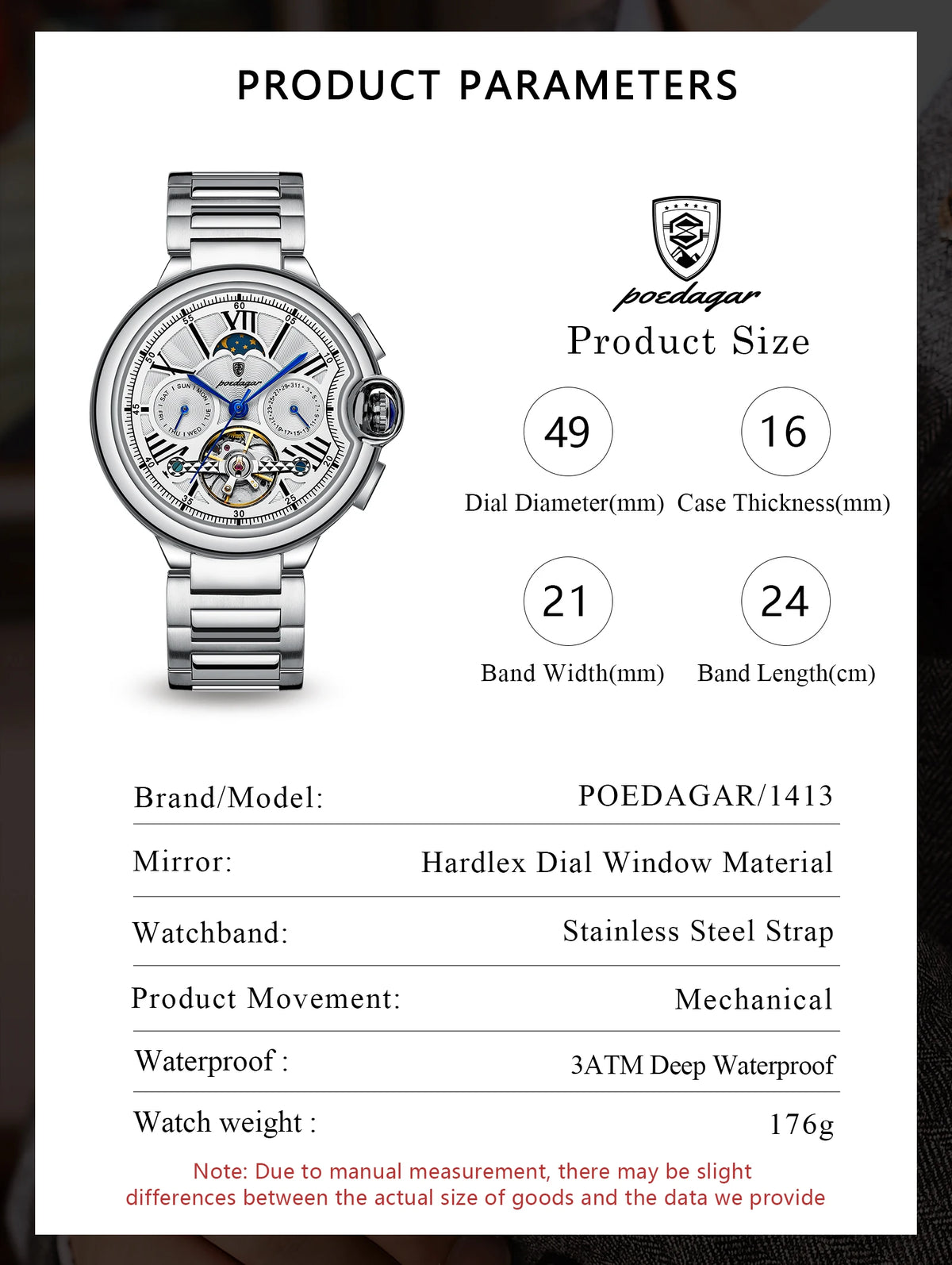 POEDAGAR 1413 Men's Automatic Watch with Day & Date Display