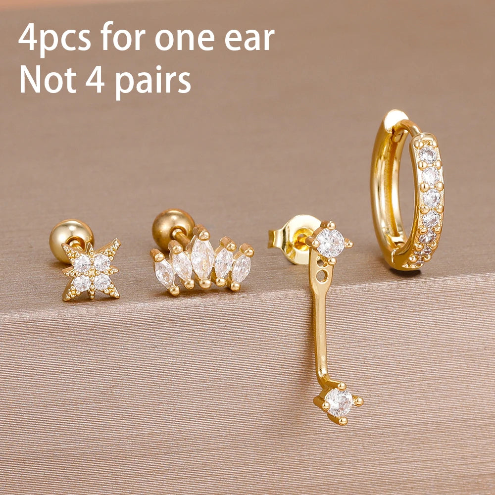 4-Pieces Zircon Star Moon Flower Small Hoop Earrings Set for Women