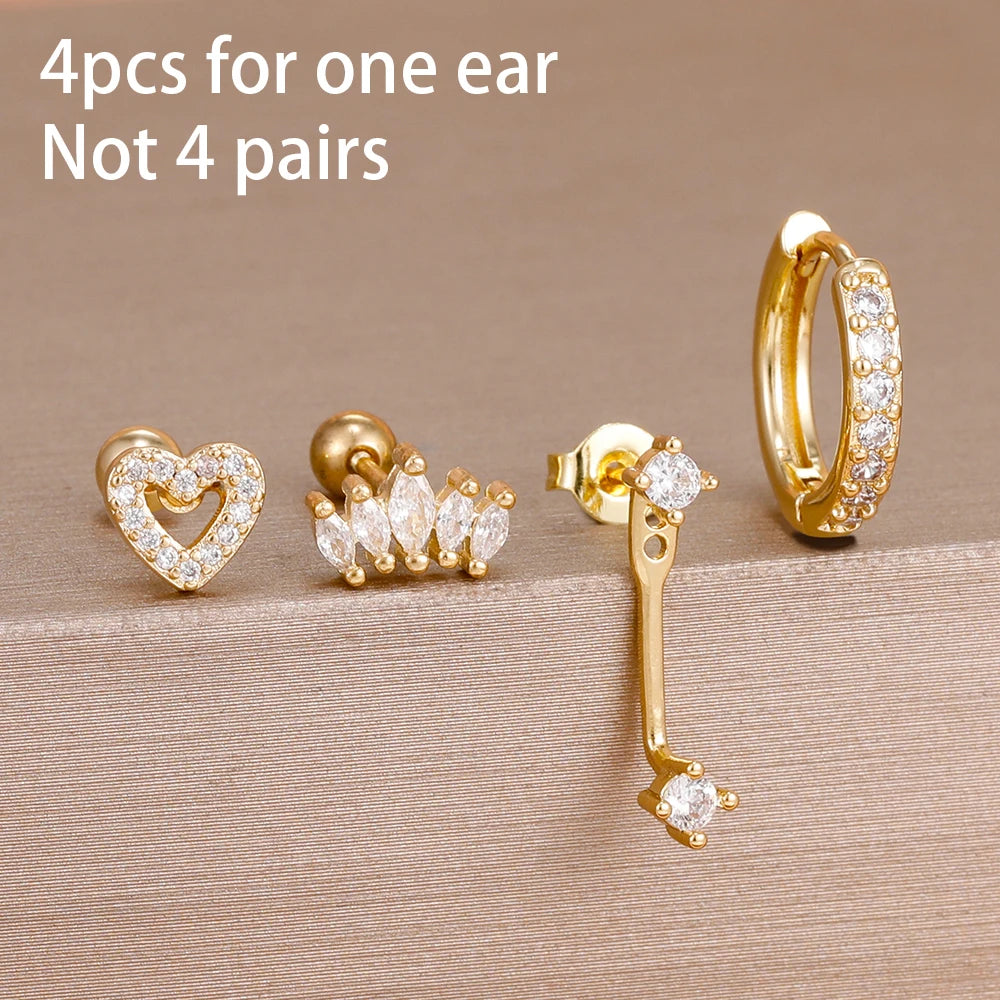 4-Pieces Zircon Star Moon Flower Small Hoop Earrings Set for Women