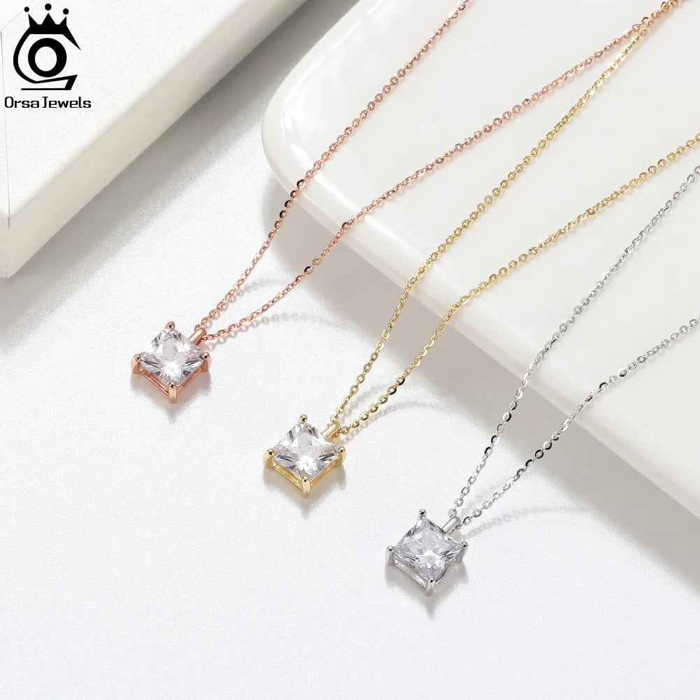 925 Sterling Silver Princess Cut Solitaire Necklace Cubic Zirconia Pendant