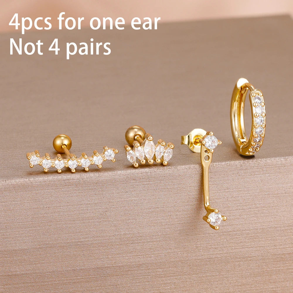 4-Pieces Zircon Star Moon Flower Small Hoop Earrings Set for Women