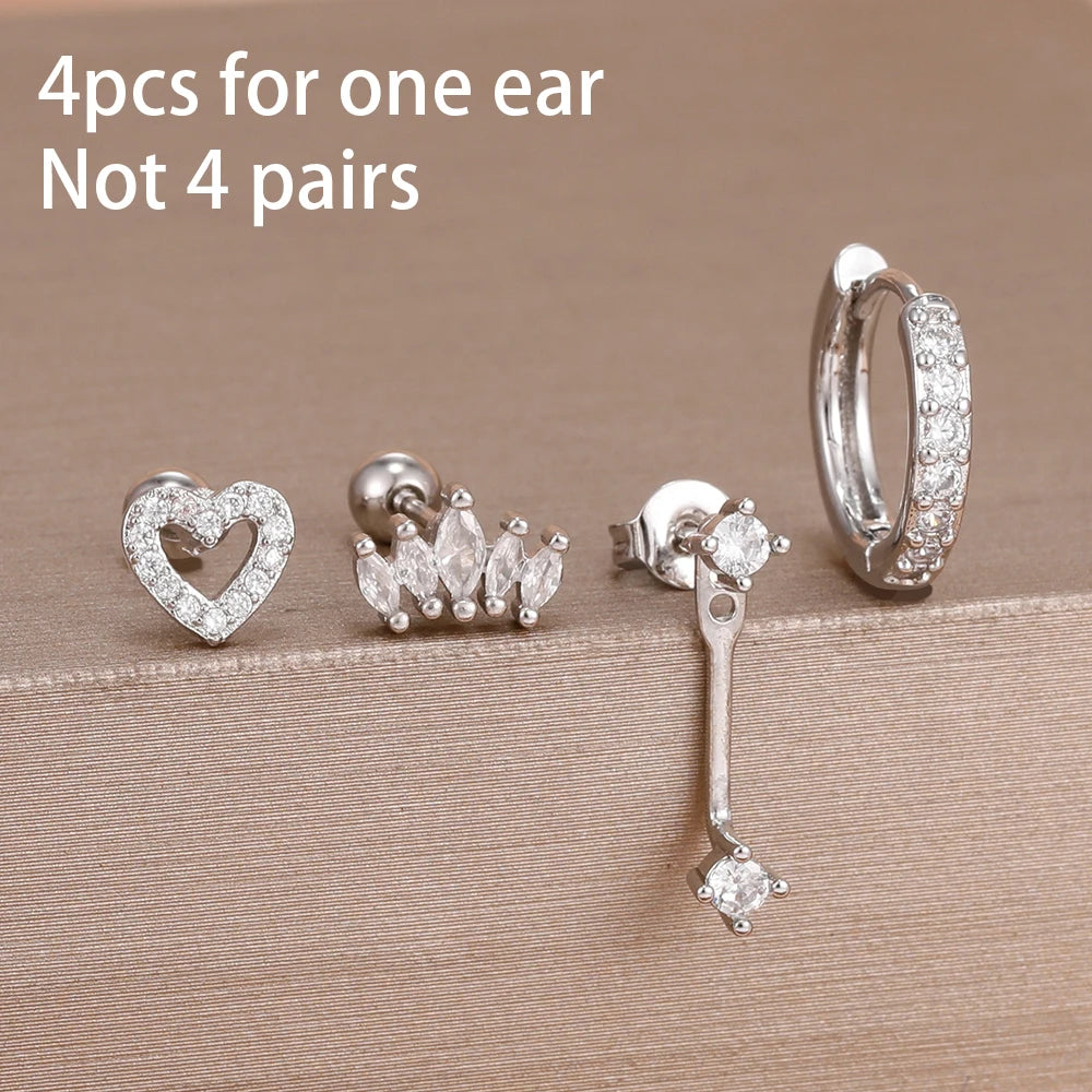 4-Pieces Zircon Star Moon Flower Small Hoop Earrings Set for Women