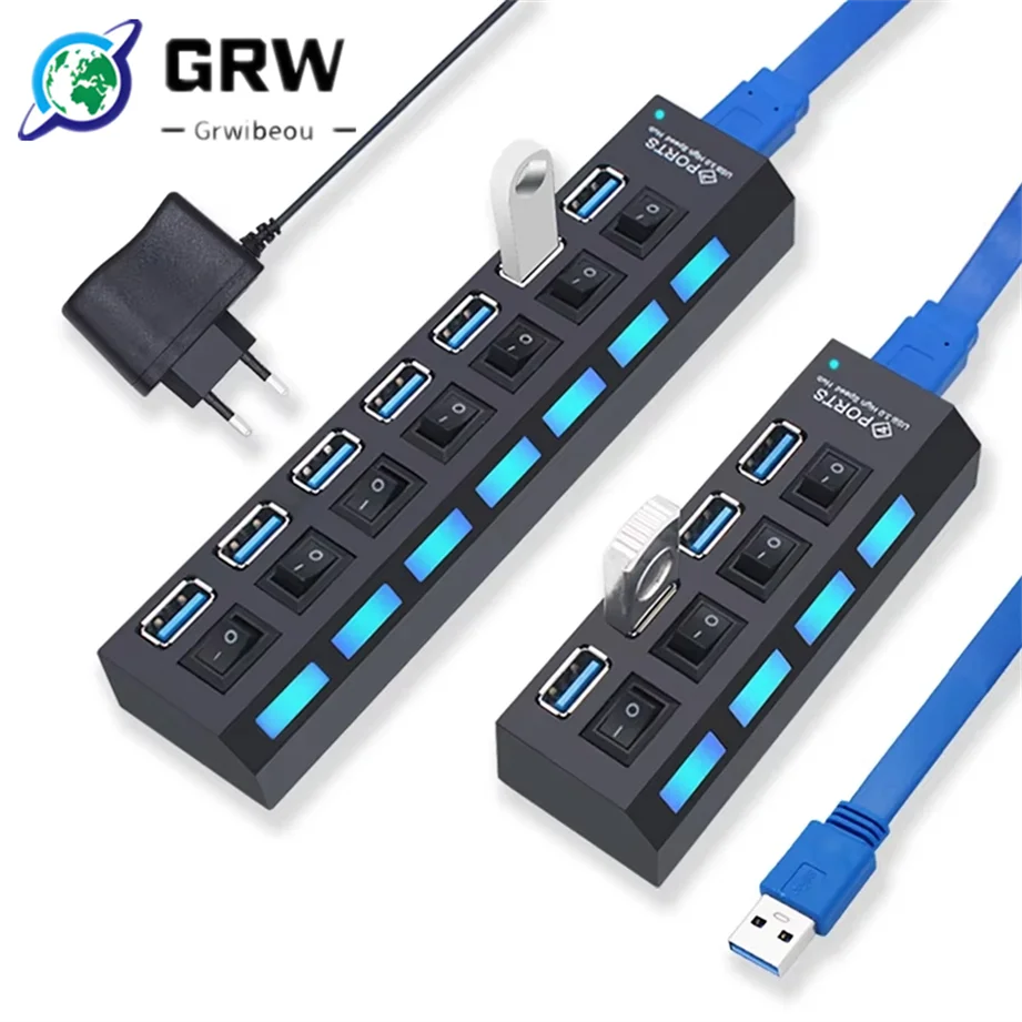 USB 3.0 HUB - High Speed 4/7 Port Splitter with power Adapter & On/ Off Switch