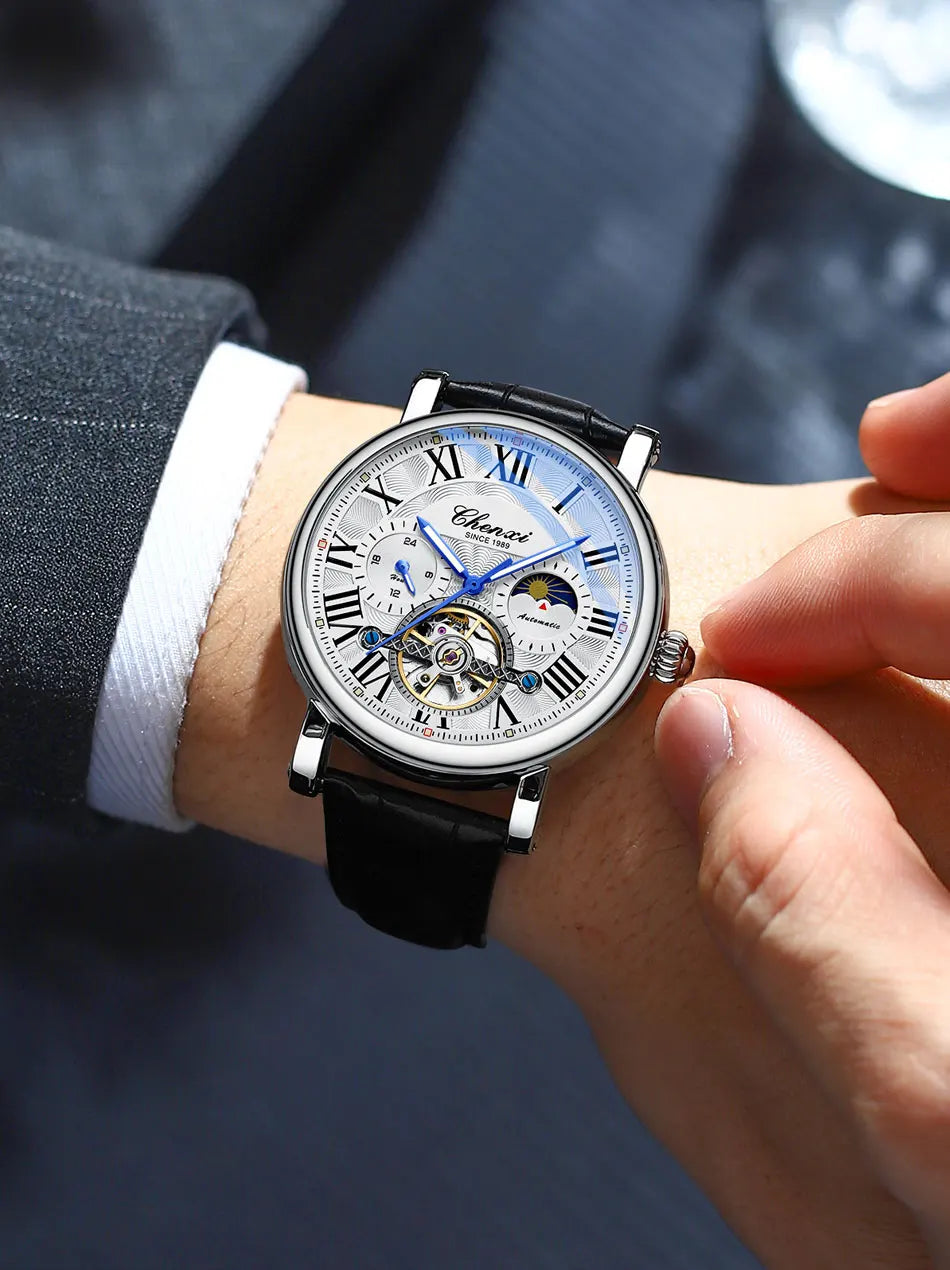 Watch For Men Business Fashion Genuine Leather Waterproof Mechanical Watch New 2024