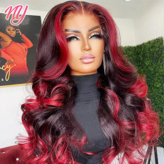 Burgundy Highlight Lace Front Wig- 1B/99J Human Hair Body Wave 13x6 HD Lace