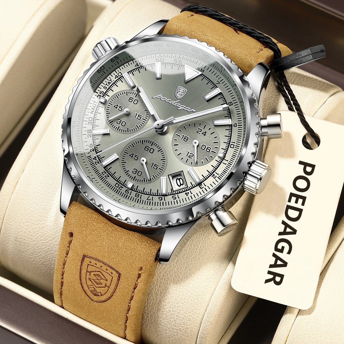 POEDAGAR Men's Luxury Business Luxury Business Watch Waterproof Choreograph Date Leather Quratz Wristwatch Date