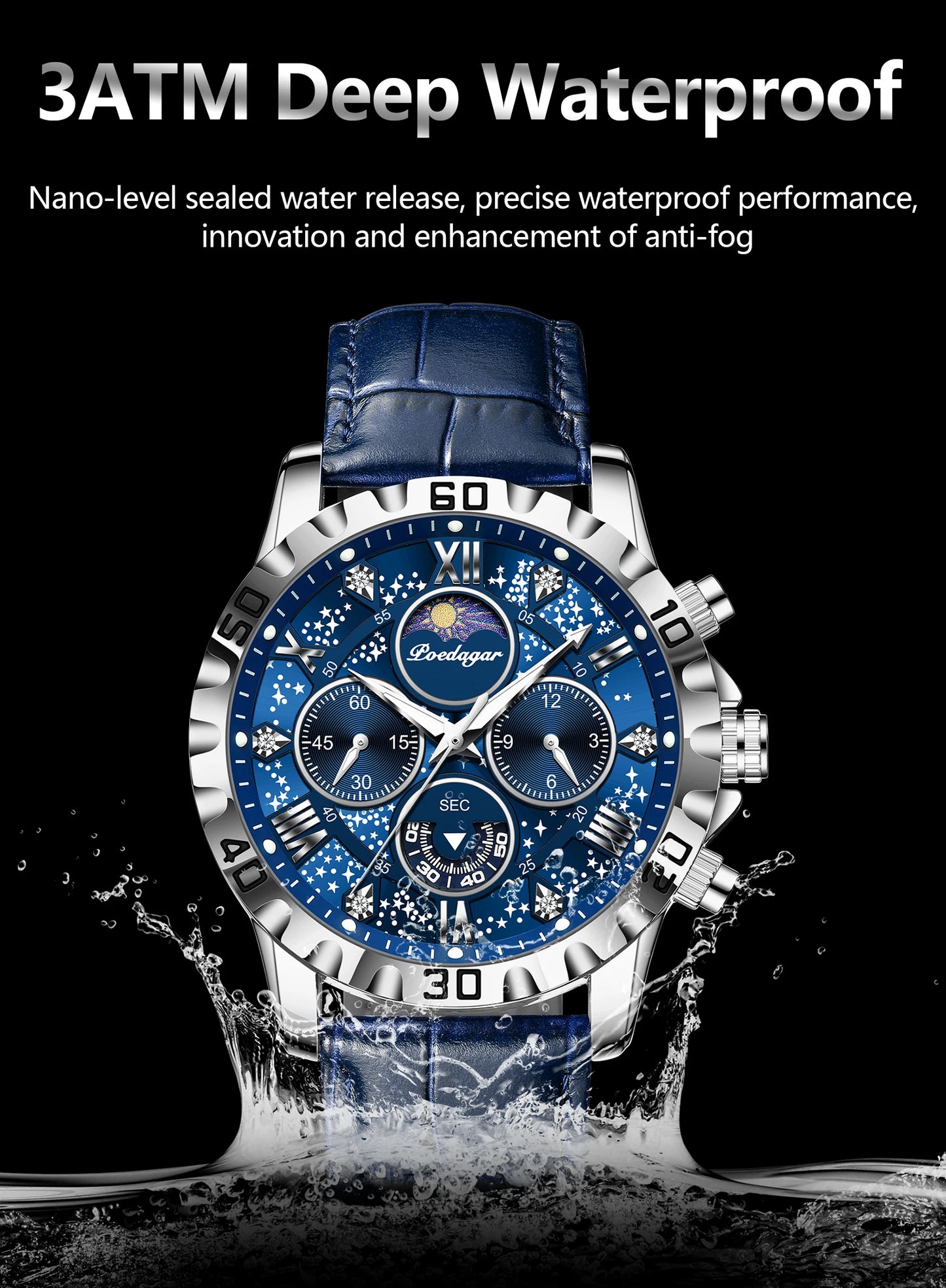 POEDAGAR men's Luxury Fashion Watch Waterproof Chronograph Leather Quartz Wriswatch