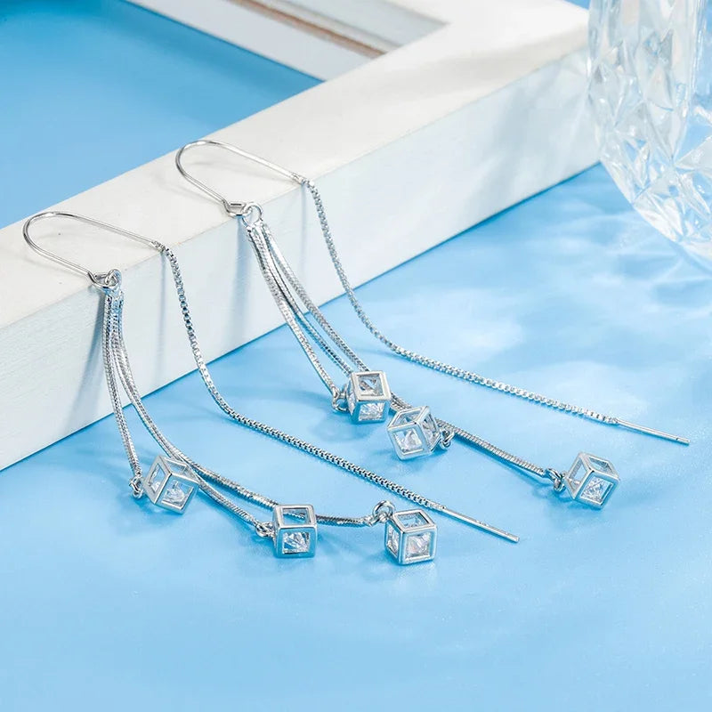 Crstal Zirconia Square Tassel Drop Earrings