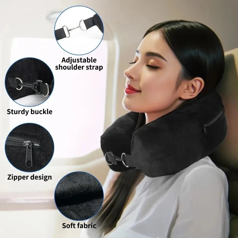 Travel Neck Pillow with Fillable Clothing U-shaped Velvet Cover & Extra Storage Bag