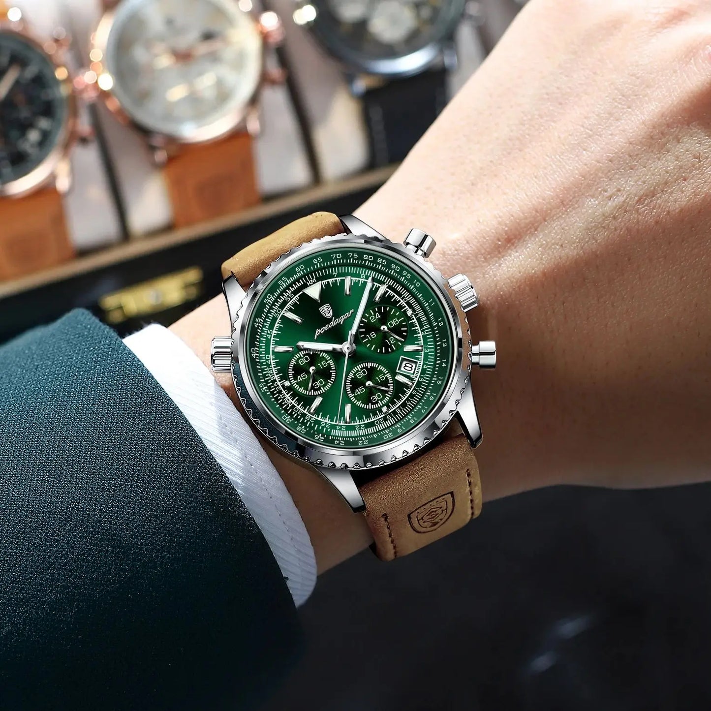 POEDAGAR Men's Luxury Business Luxury Business Watch Waterproof Choreograph Date Leather Quratz Wristwatch Date