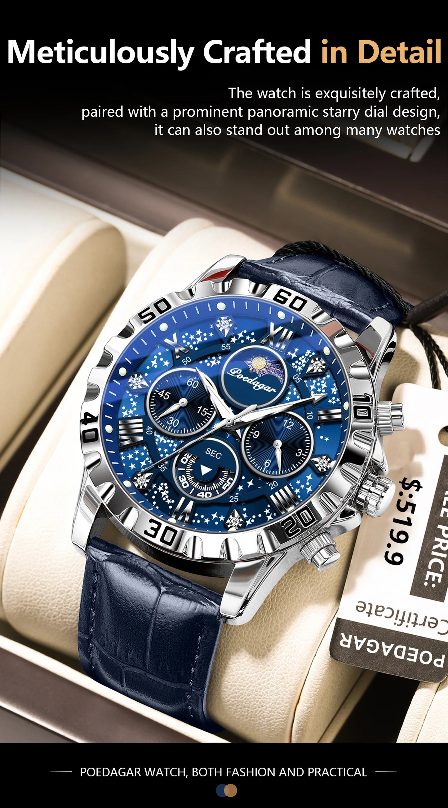 POEDAGAR men's Luxury Fashion Watch Waterproof Chronograph Leather Quartz Wriswatch