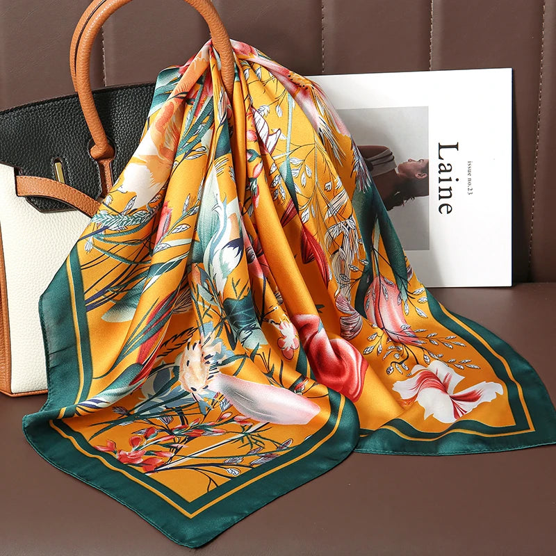 Luxury Print Satin Silk Square Scarf for Women Hijab Shawl & Elegant Wrap Accessory