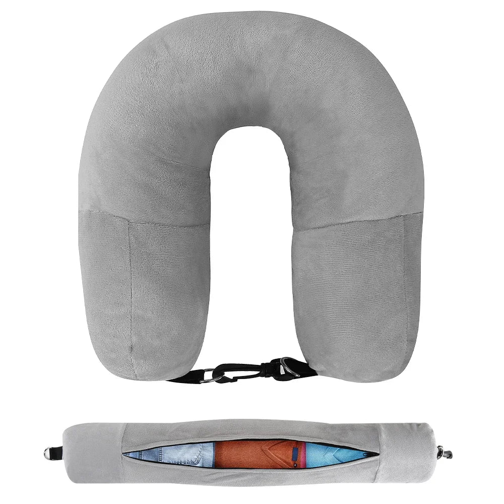 Travel Neck Pillow with Fillable Clothing U-shaped Velvet Cover & Extra Storage Bag