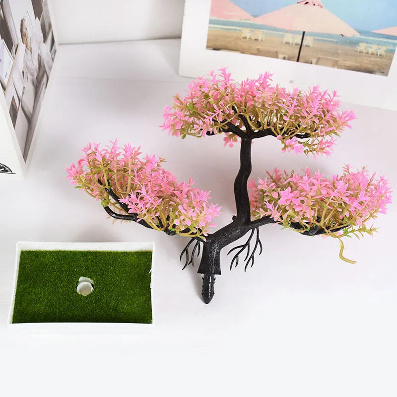 Artificial Bonsai Tree with Flower-Fake Potted Plant for Home Room & Garden Decoration