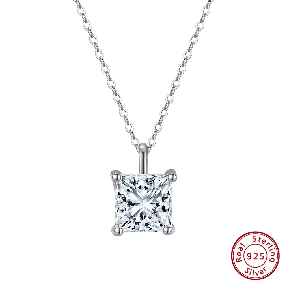 925 Sterling Silver Princess Cut Solitaire Necklace Cubic Zirconia Pendant