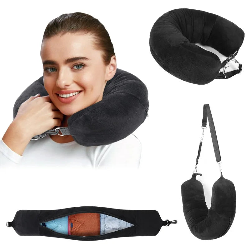 Travel Neck Pillow with Fillable Clothing U-shaped Velvet Cover & Extra Storage Bag