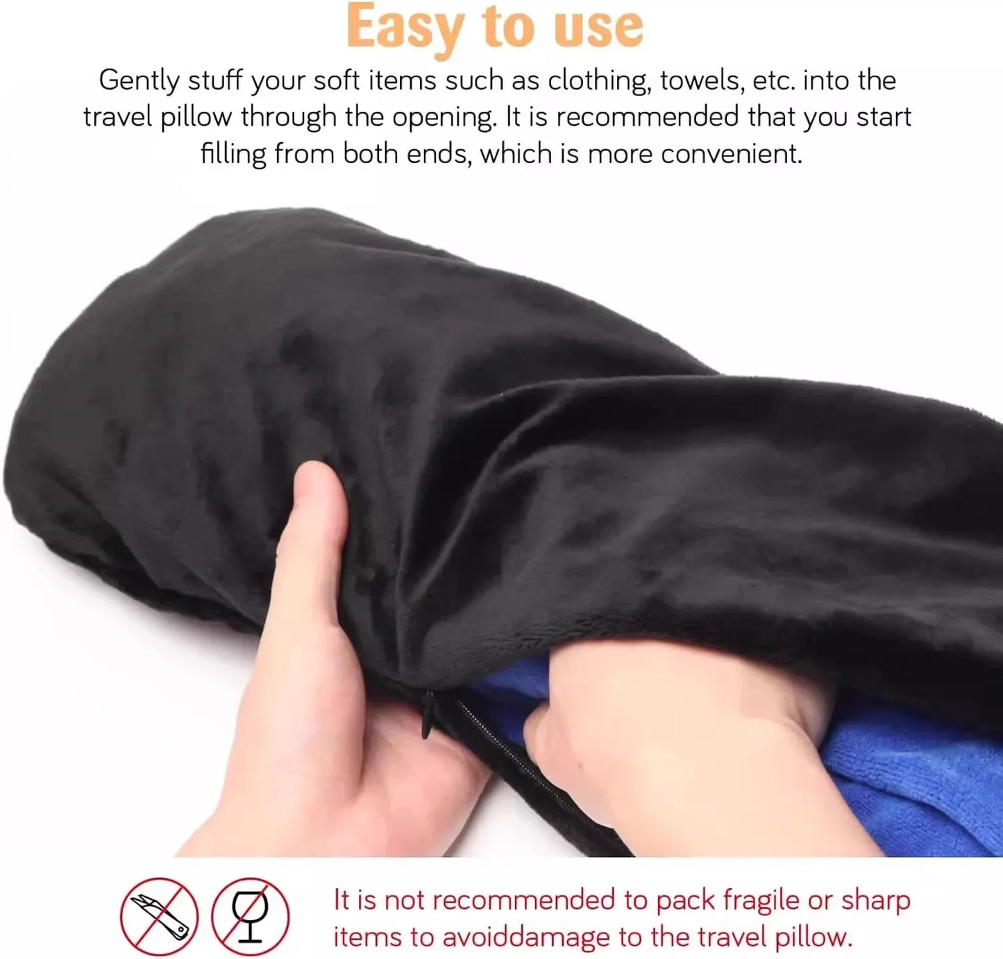 Travel Neck Pillow with Fillable Clothing U-shaped Velvet Cover & Extra Storage Bag