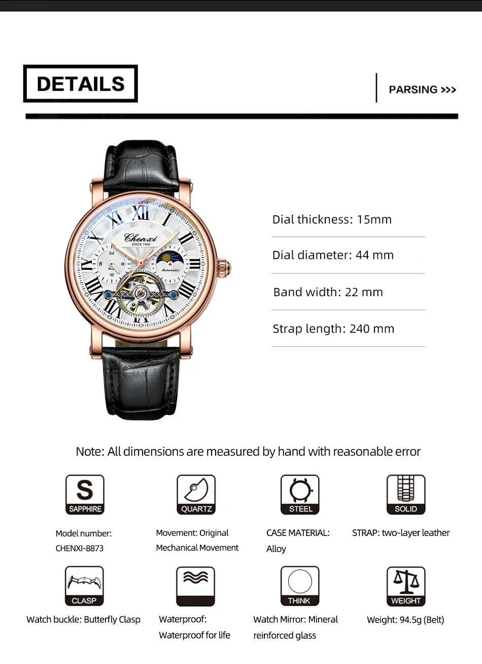 Watch For Men Business Fashion Genuine Leather Waterproof Mechanical Watch New 2024