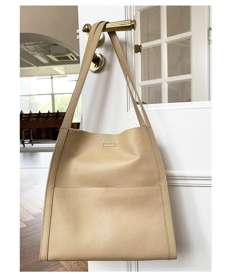 Luxury 100% Genuine Cowhide Leather Tote Bucket Bag