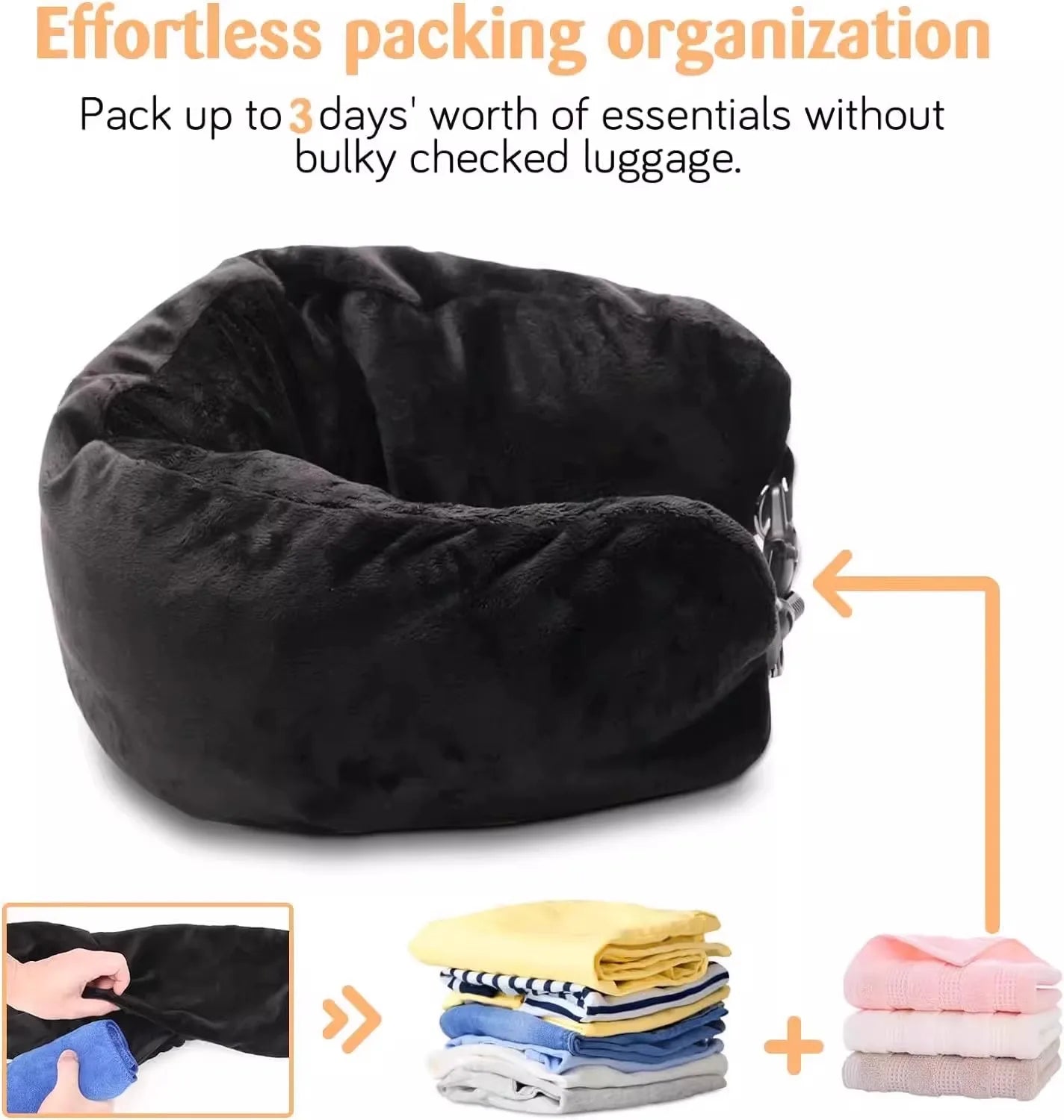 Travel Neck Pillow with Fillable Clothing U-shaped Velvet Cover & Extra Storage Bag