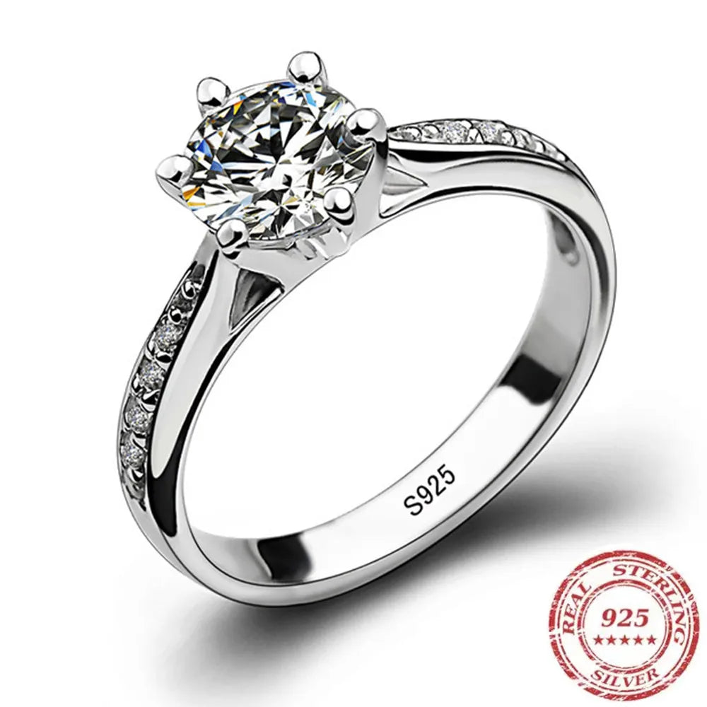 Luxury 925 Sterling Silver Ring for Women - Six Claw CZ Diamond