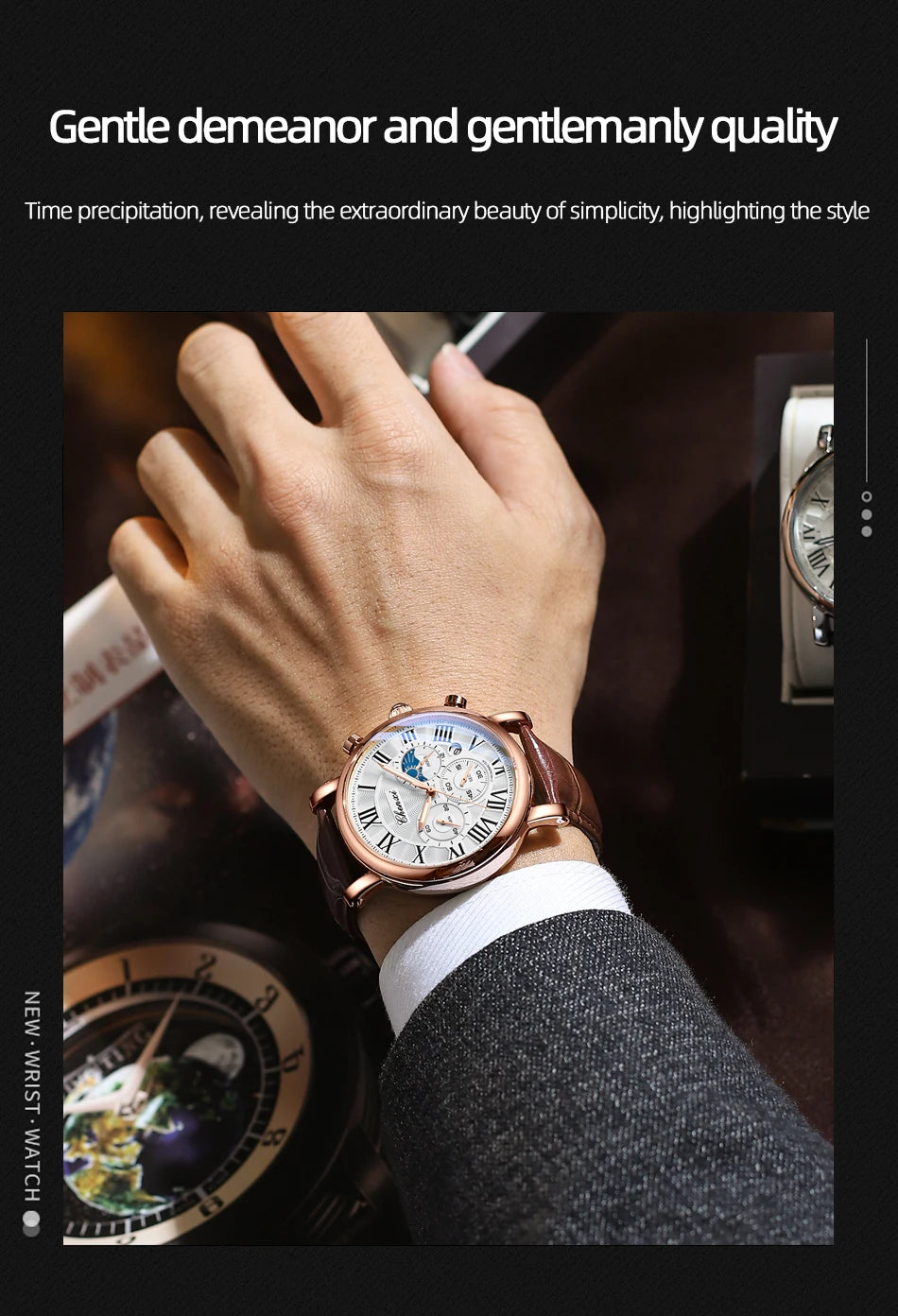 CHENXI 1973 Chronograph Watch- Moon Phase, Date Display & Leather Strap