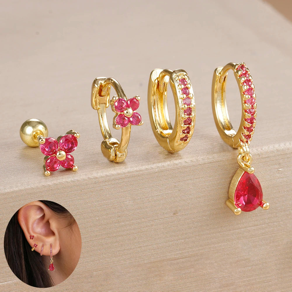 4-Pieces Zircon Star Moon Flower Small Hoop Earrings Set for Women