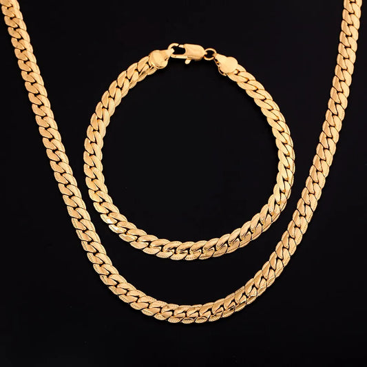 18K Gold & Silver 6mm Chain Bracelet & Necklace Set for Women & Men