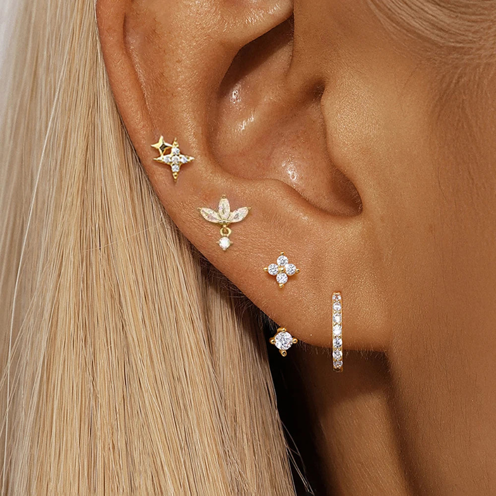 4-Pieces Zircon Star Moon Flower Small Hoop Earrings Set for Women