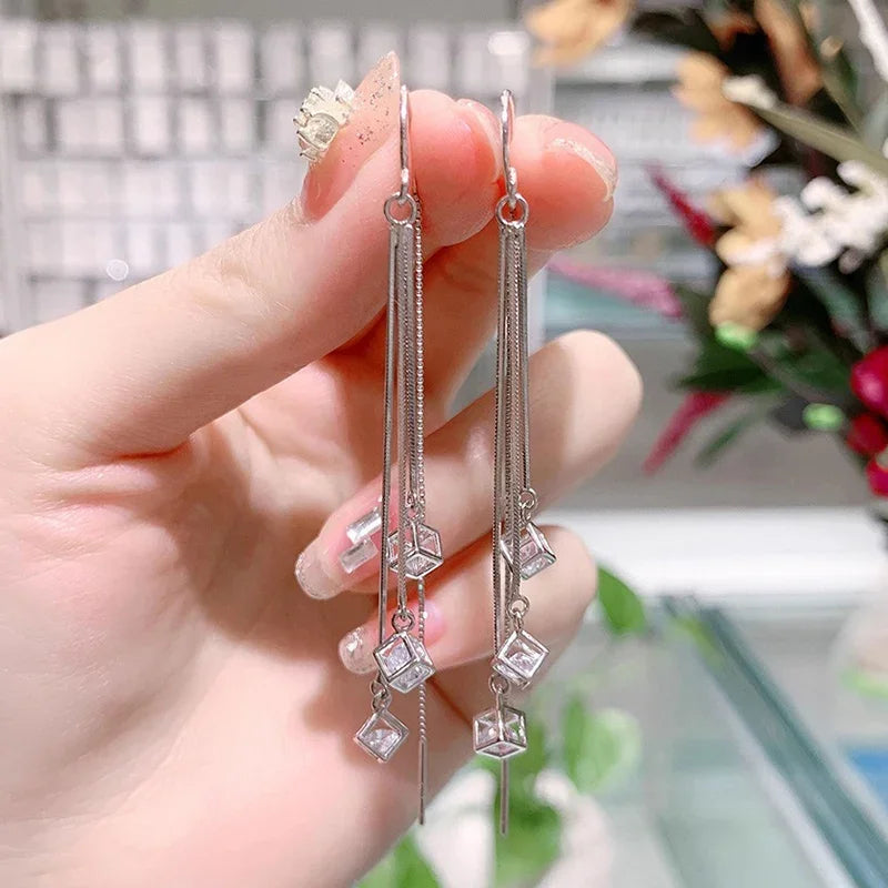 Crstal Zirconia Square Tassel Drop Earrings