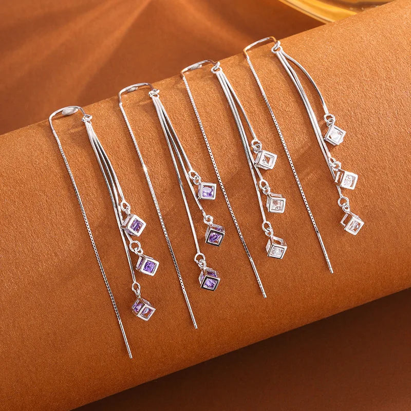 Crstal Zirconia Square Tassel Drop Earrings