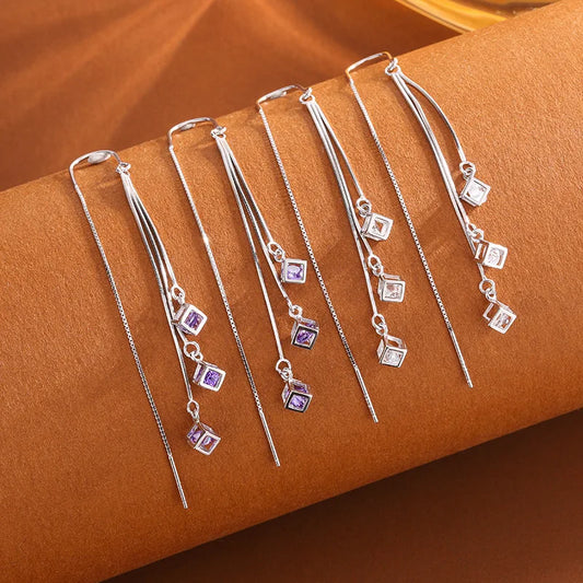 Crstal Zirconia Square Tassel Drop Earrings