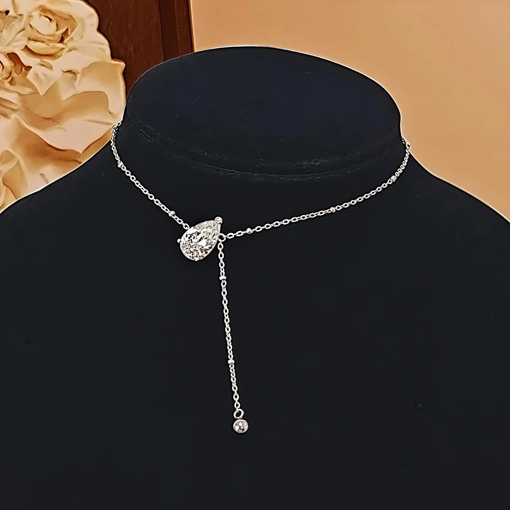 925 Sterling Silver Pear Cut Moissanite Pendant Necklace Y-Style Solitaire Diamond Neck Chaîne