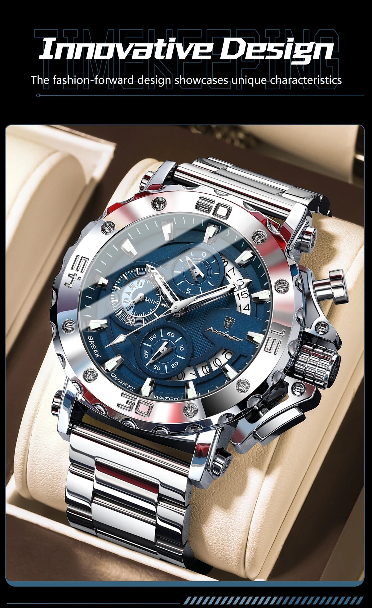 POEDAGAR 892 Men's Stainless Steel Quartz Watch