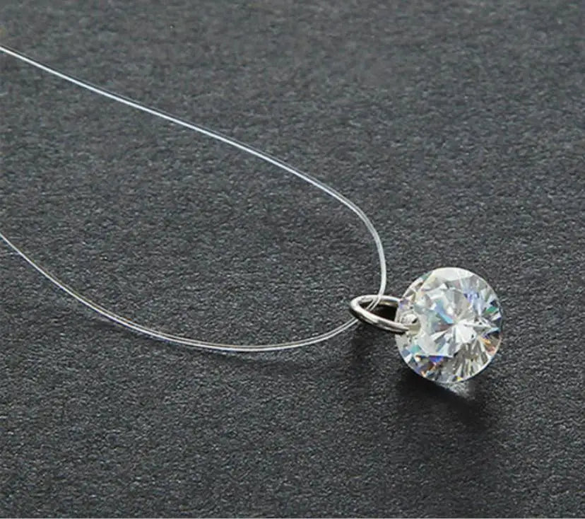 Crystal Zircon Water Drop Pendant Necklace - Invisible Chain Choker for Women