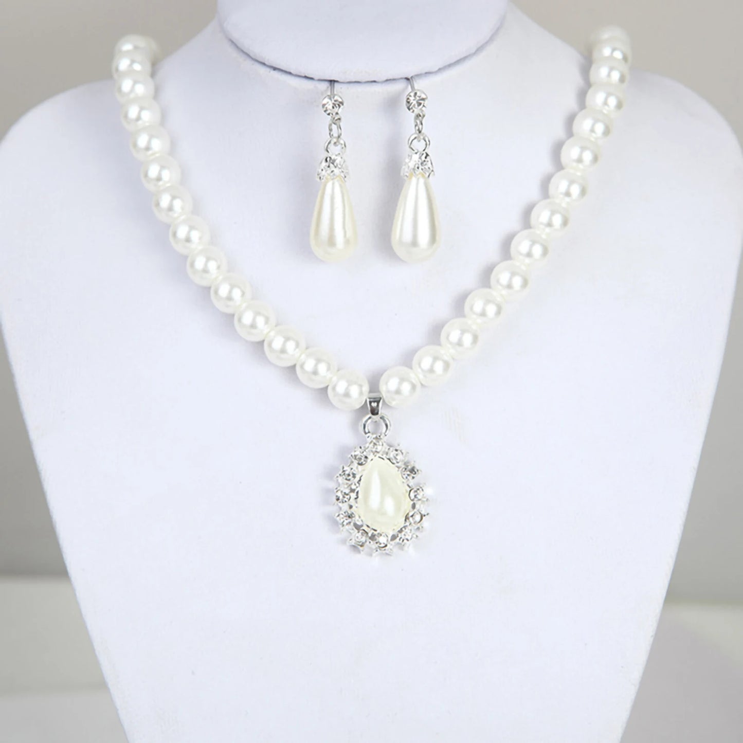 Luxury Pearl & Rhinestone Bridal Jewelry Set - Necklace & Earrings