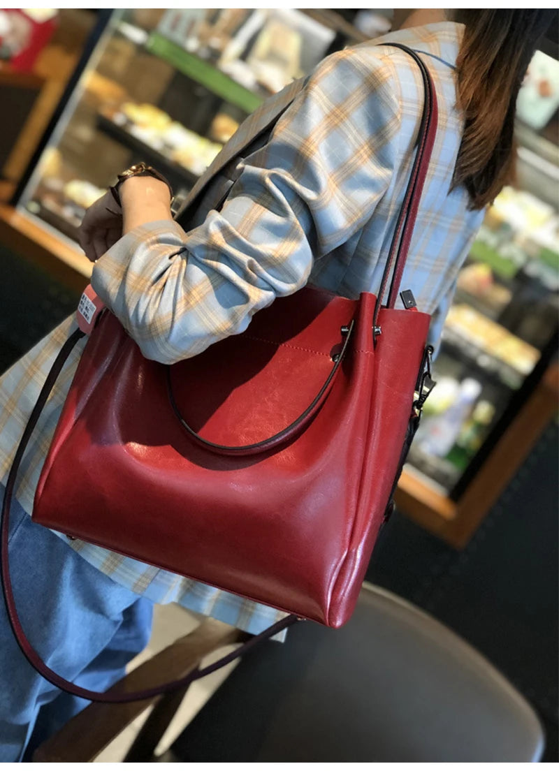 Genuine Leather Tote Bag - Vintage Women's Shoulder Handbag