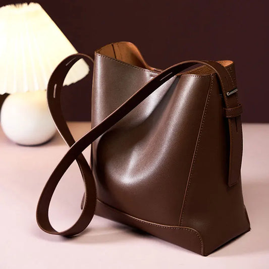Genuine Cowhide Leather Shoulder Bag-Designer Bucket Bag for Women