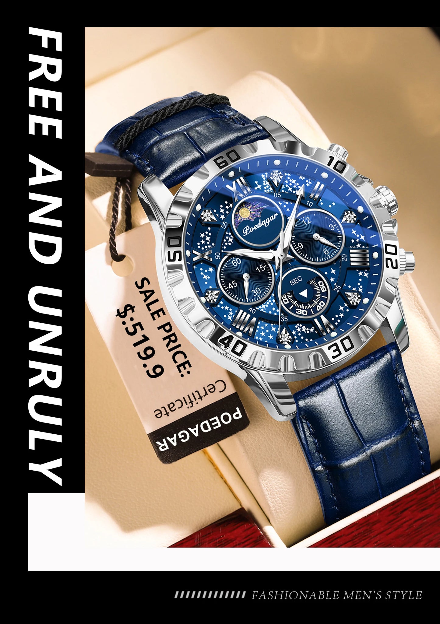 POEDAGAR men's Luxury Fashion Watch Waterproof Chronograph Leather Quartz Wriswatch