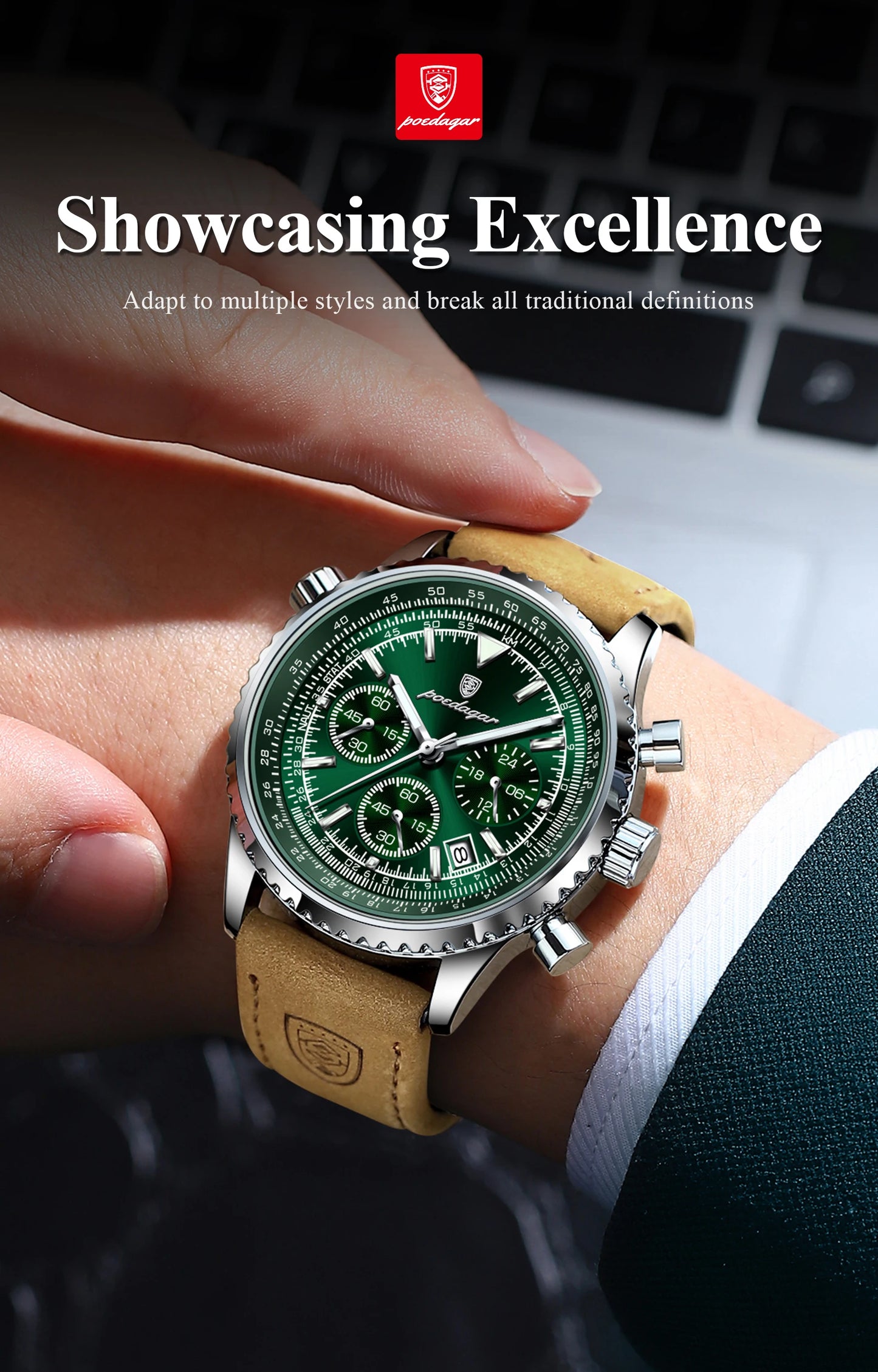 POEDAGAR Men's Luxury Business Luxury Business Watch Waterproof Choreograph Date Leather Quratz Wristwatch Date