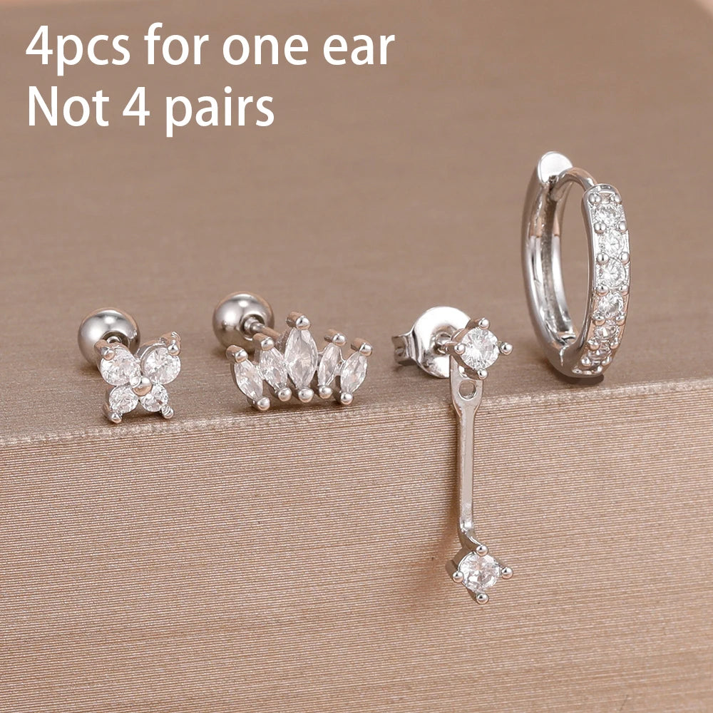 4-Pieces Zircon Star Moon Flower Small Hoop Earrings Set for Women