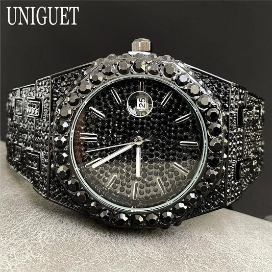 Iced Out Diamond Watch for Men - Luxury Calendar Waterproof Wristwatch