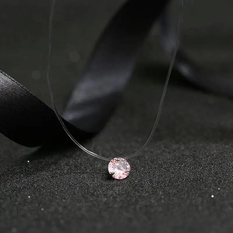 Crystal Zircon Water Drop Pendant Necklace - Invisible Chain Choker for Women