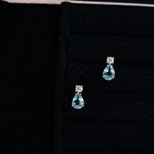 S925 Sterling Silver Plated 14K Gold Water Droplet Blue Zircon Earrings