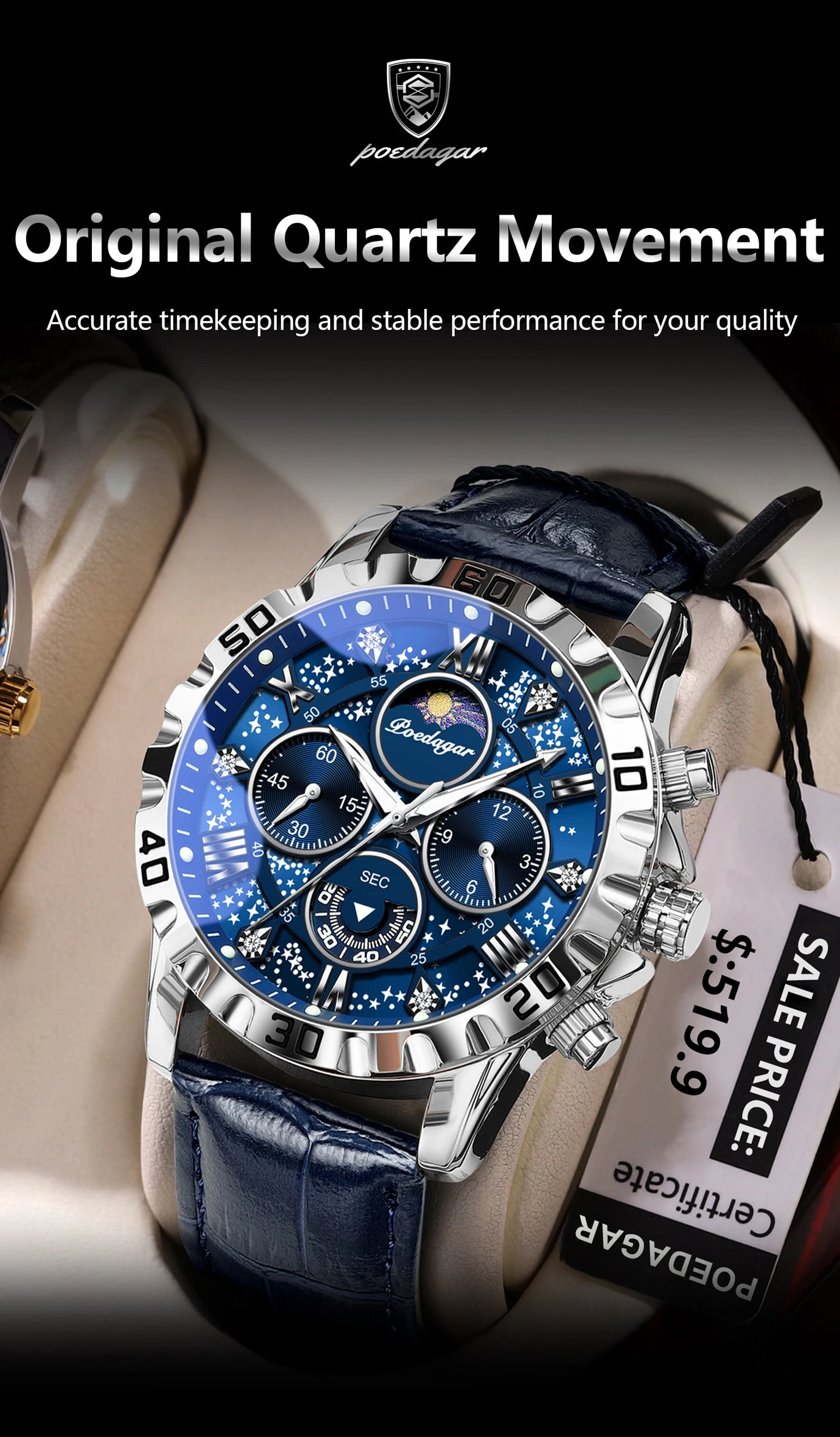 POEDAGAR men's Luxury Fashion Watch Waterproof Chronograph Leather Quartz Wriswatch