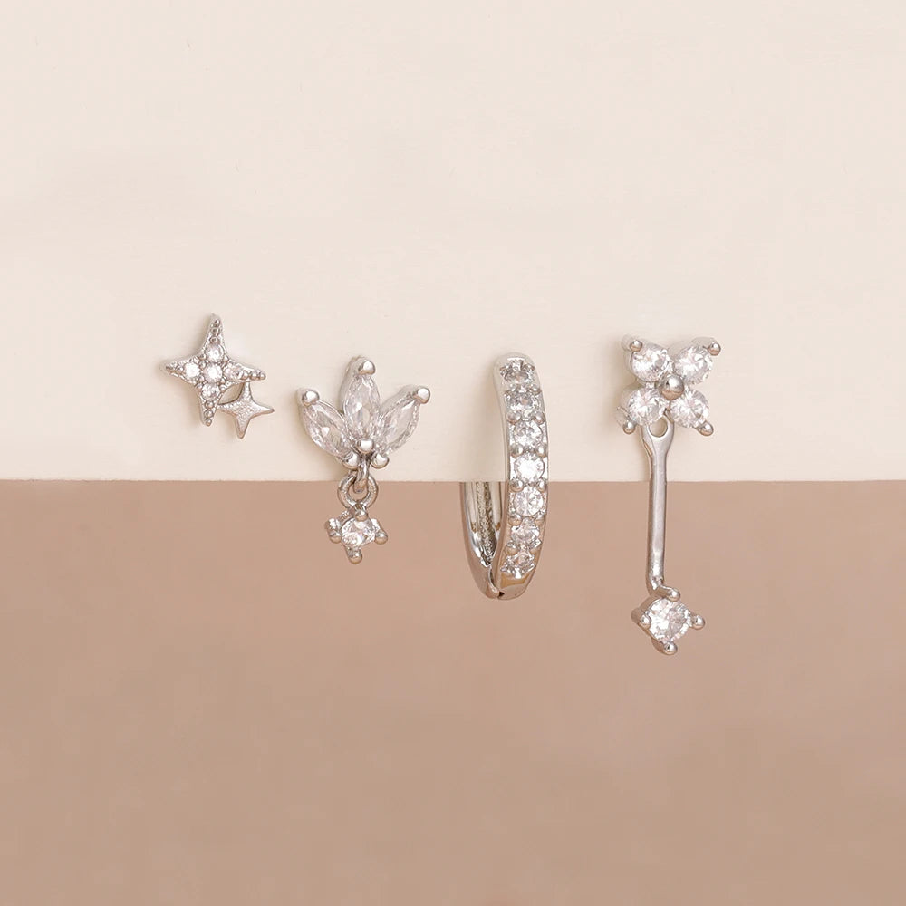 4-Pieces Zircon Star Moon Flower Small Hoop Earrings Set for Women